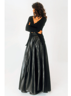 threeday复古过膝长裙女黑色水洗pu皮开叉拼接半身裙大裙摆高腰