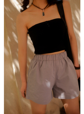 threeday灰紫纯色松紧腰休闲短裤夏宽松阔腿纯棉运动简单短裤