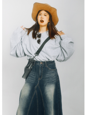 threeday复古杂浅灰中长款卫衣纯棉毛圈垫肩落肩款长袖外套宽松