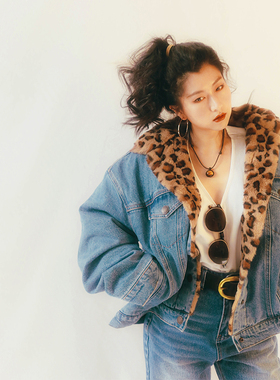 vintage复古90s帅气豹纹毛领拼接俏皮牛仔外套女宽松加棉上衣冬