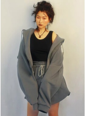 THREEDAY复古vintage短款宽松连帽卫衣外套纯棉拉链款深灰色春秋