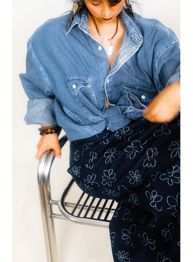 90年代经典纯棉牛仔蓝色衬衣宽松oversize