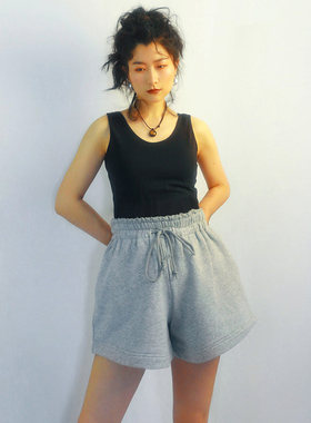 复古vintage休闲运动短裤纯棉松紧腰高腰浅灰色深灰色宽松