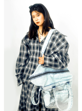 threeday复古黑白朦胧大格垫肩收腰摁扣衬衣长袖春夏宽松捏褶外套