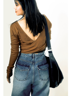 thereeday复古藤色露后背长袖修身针织衫春夏长袖纯色上衣好搭配