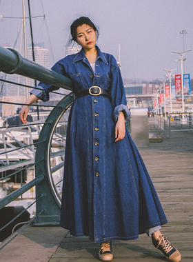 vintage复古超长牛仔风衣外套女宽松长袖过膝拼接收腰大衣裙摆春
