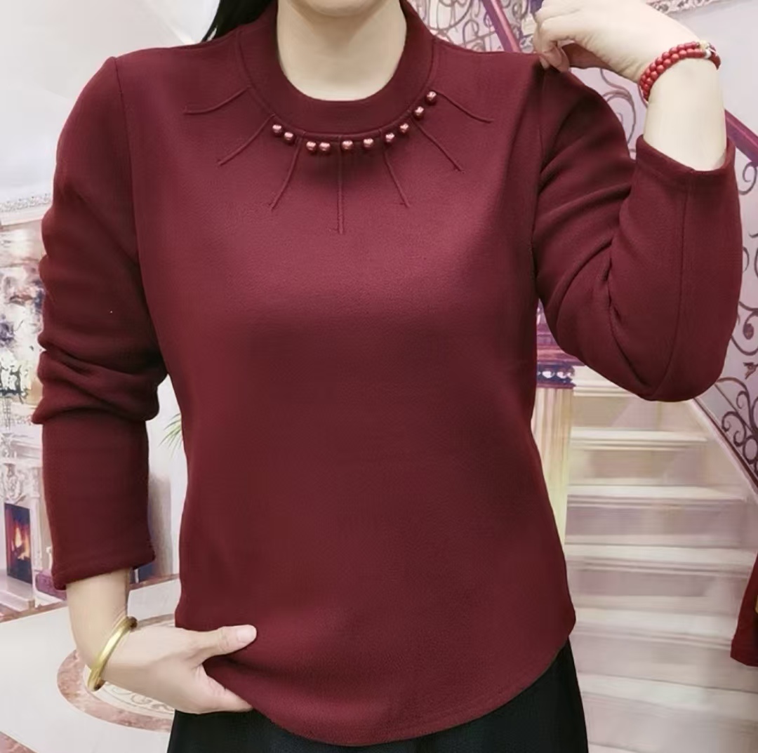 秋冬新款圆领加绒加厚打底洋气减龄百搭显瘦宽松保暖纯色长袖上衣