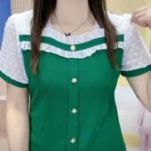 T恤蕾丝雪纺洋气妈妈装 夏季 方领拼接短袖 遮肚子显瘦大码 新款 时尚