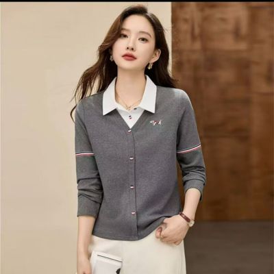 秋冬新款polo领假两件时尚纯色长袖上衣女气质内搭打底衫保暖外套