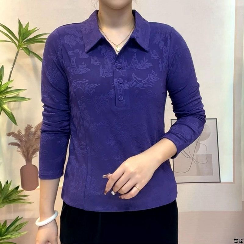 春秋新款时尚polo领提花女长袖小衫休闲修身减龄显瘦气质百搭上衣