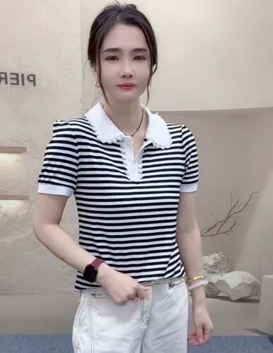 新款polo领条纹短袖t恤女拼接蕾丝花边娃娃领上衣休闲百搭打底衫