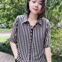 新款高档翻领条纹七分袖衬衫女套头减龄洋气小衫宽松显瘦上衣外套