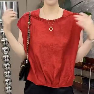 新款 宽松显瘦防晒上衣 方领休闲纯色短袖 t恤女套头减龄洋气小衫