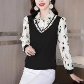 2025款 拼接假两件衬衫 女春季 洋气减龄碎花内搭衬衣气质polo领上衣