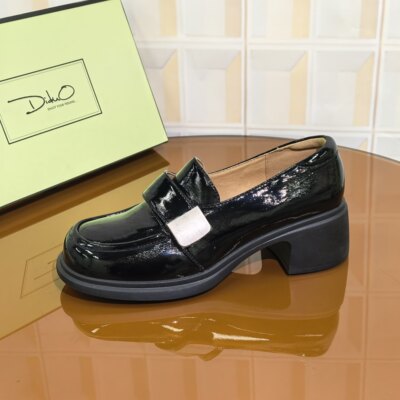 6868/5CM牛皮清仓撤柜断码处理粗跟百搭英伦风一脚蹬厚底乐福女鞋