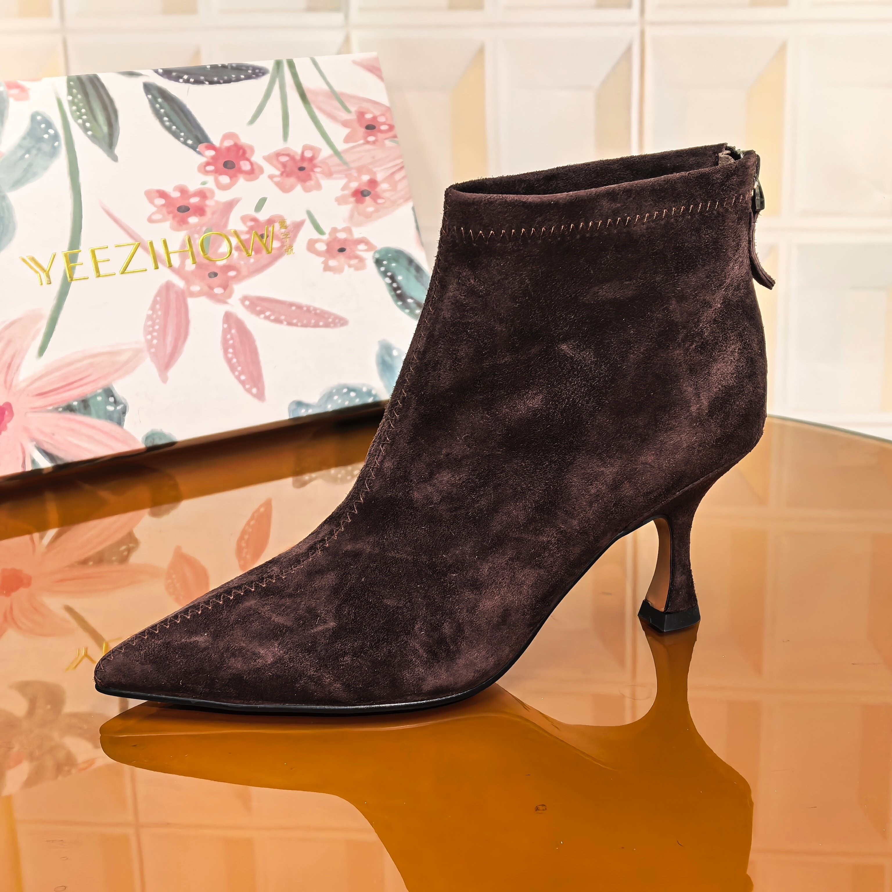 8871/5CM羊皮断码撤柜清仓处理后拉链黑色细跟尖头弹力百搭女高跟