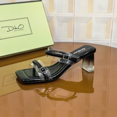 6Q06/5CM牛皮清仓撤柜断码处理透明带夹脚粗跟金属装饰仙女风夏季