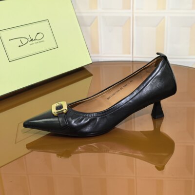 Y359/4CM胎牛皮清仓撤柜断码处理法式复古粗跟蝴蝶结浅口女士单鞋