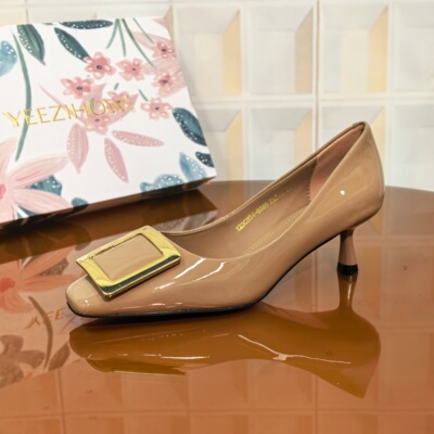 6885/3CM牛漆皮断码撤柜清仓处理浅口鞋方头百搭高跟方扣浅口法式