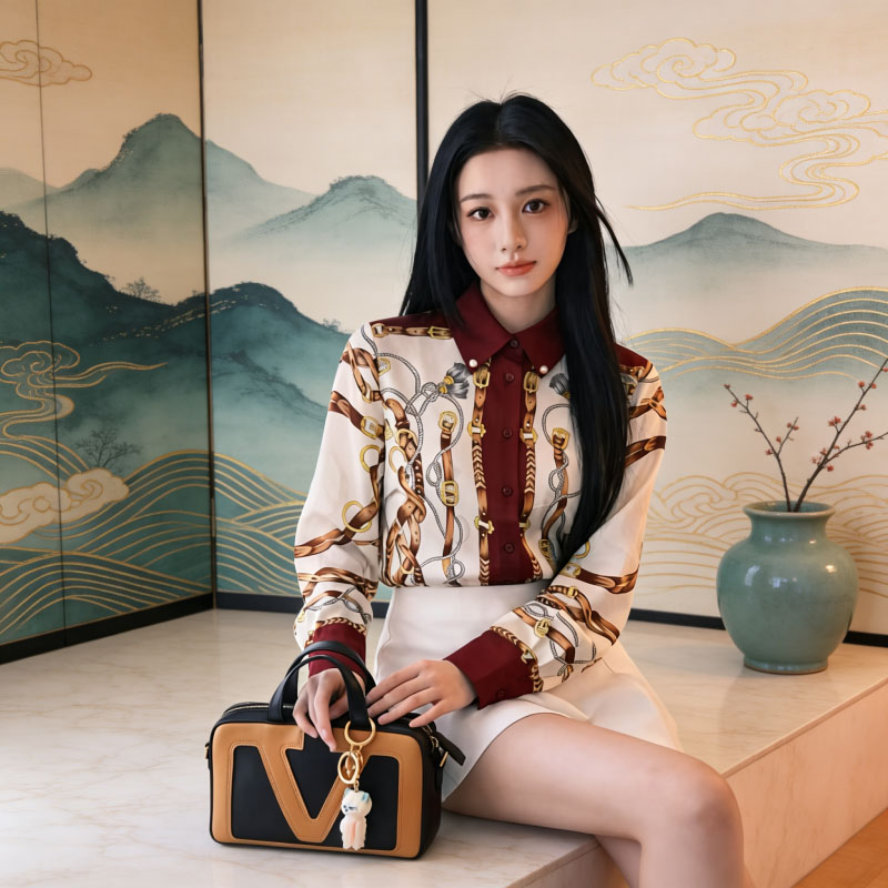 复古链条皮带印花缎面衬衫女 撞色酒红翻领长袖轻奢气质通勤衬衣