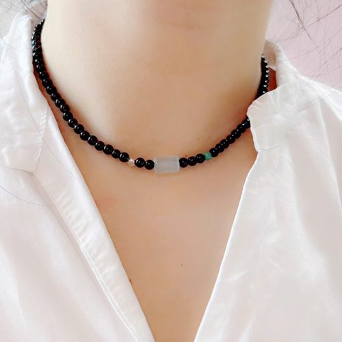 天然黑曜石海蓝宝补水喜水女项链