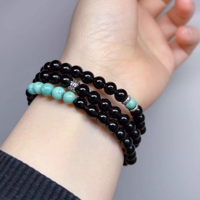 天然黑曜石原矿绿松石三圈手串