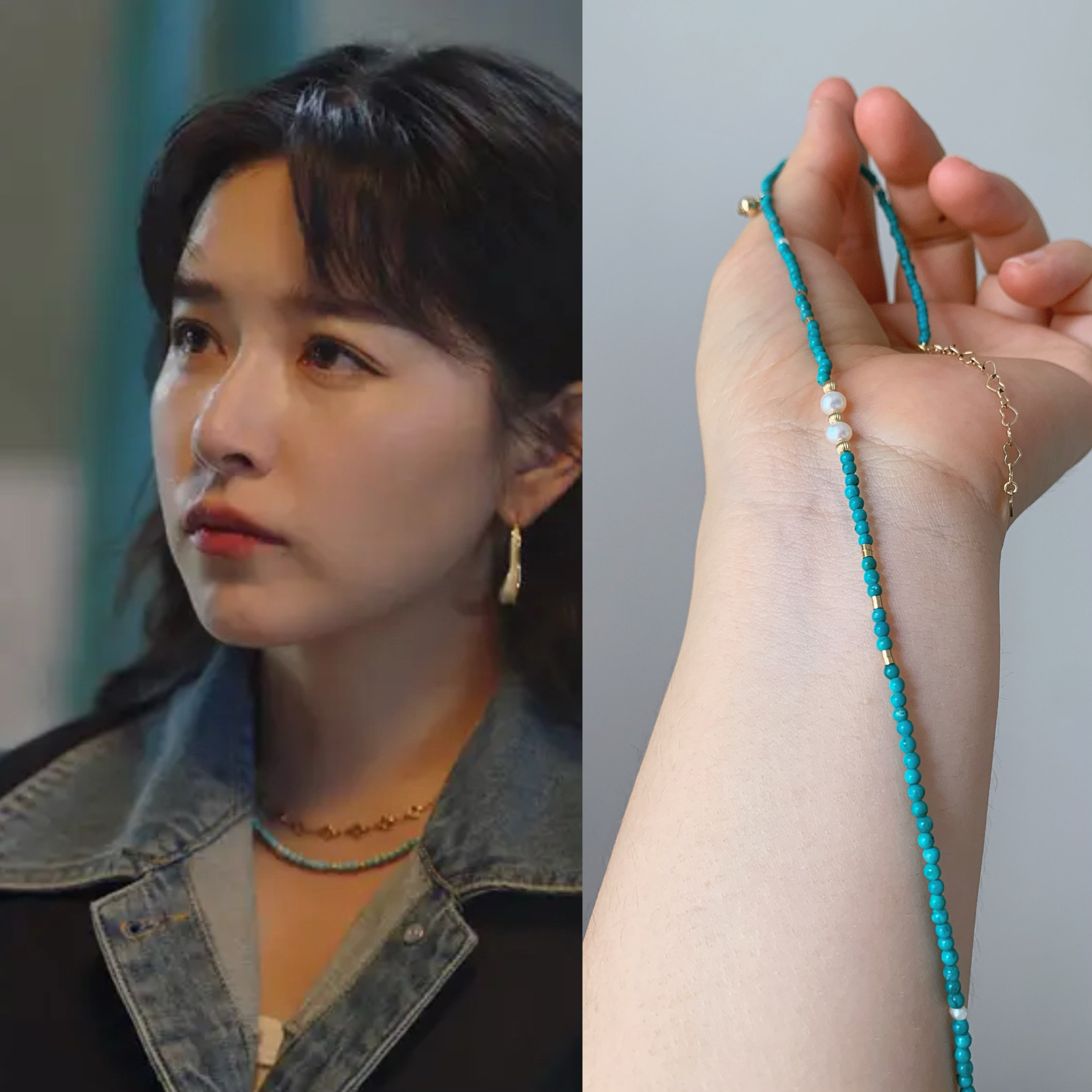 阚清子李小河明星同款项链女串珠原矿绿松石珍珠锁骨链小众极细
