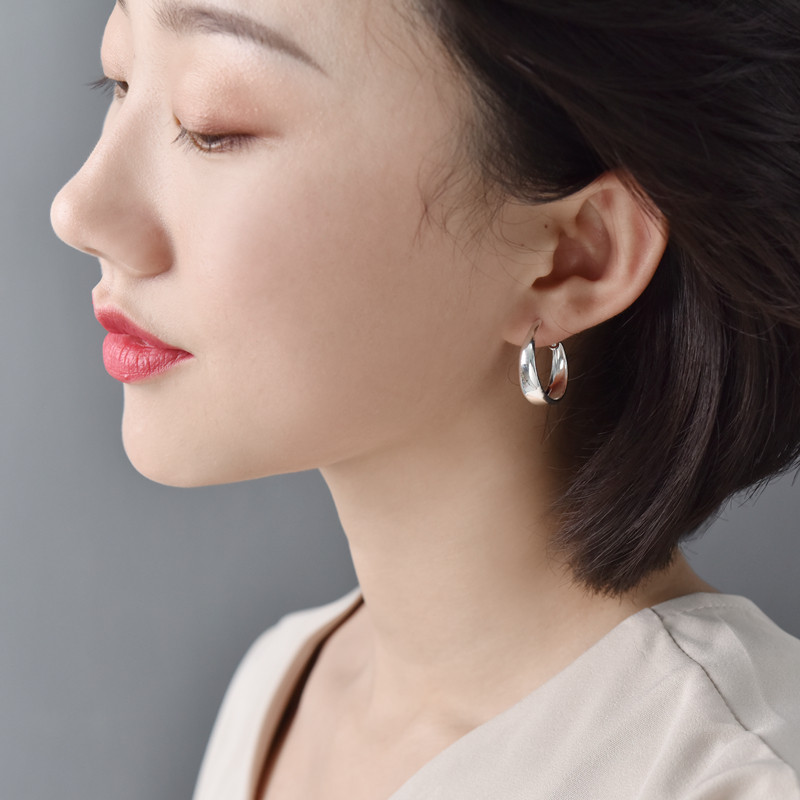中老年人耳环女999足银耳圈送妈妈奶奶耳饰光面银耳坠耳扣防过敏