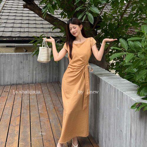 LS法式优雅褶皱感修身连衣裙女广州十三行2026夏季新款裙子23261
