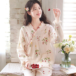 斜襟家居服套装 眠岛 春秋纯棉绉纱和服睡衣女长袖 长裤