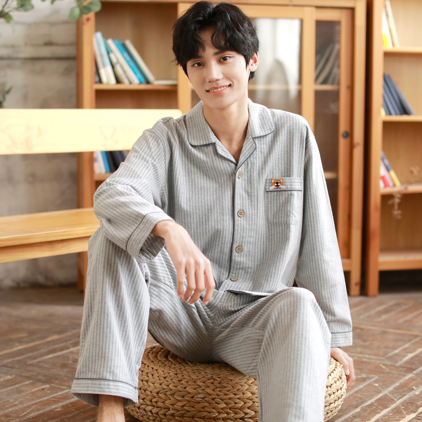 『眠岛』男士睡衣秋冬纯棉磨毛绒布长袖套装简约条纹可外穿家居服