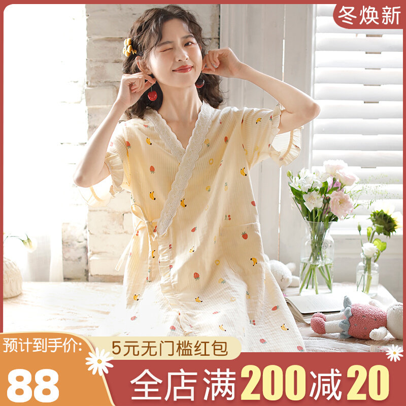 眠岛短袖睡衣女夏季日系薄款纯棉纱布可爱公主风和服睡裙晨袍