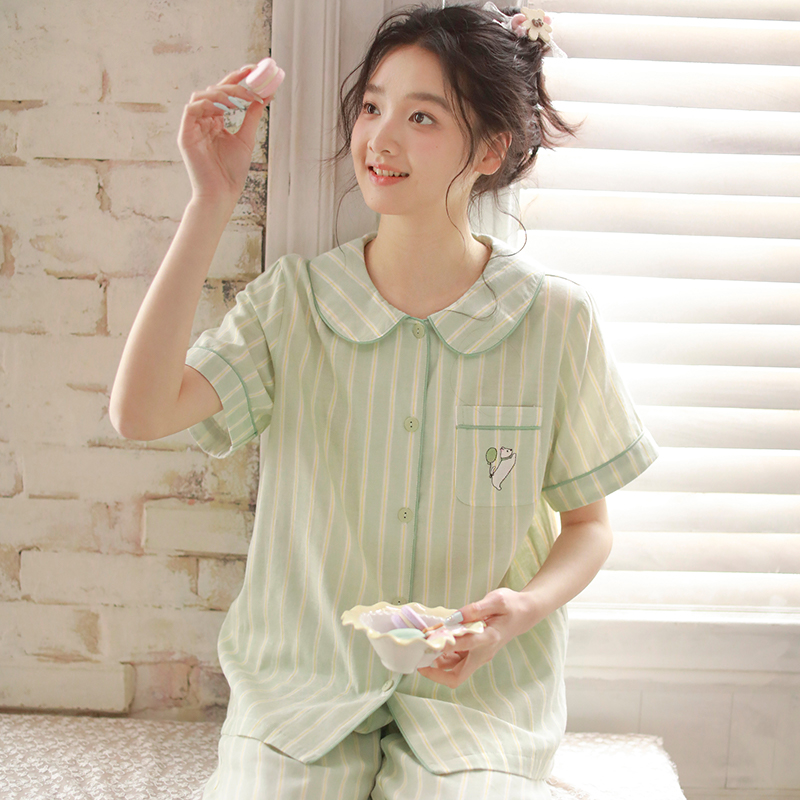 『眠岛』夏季新款睡衣女纯棉纱布少女家居服条纹休闲短袖长裤套装