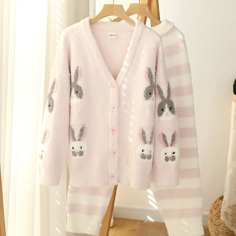 睡衣女半边绒卡通家居服套装