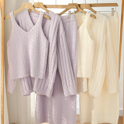 『眠岛』半边绒睡衣女软绵绵冬季纯色加绒加厚开衫三件套家居服
