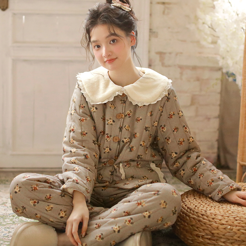 『眠岛』冬季睡衣女韩版小碎花棉袄三层夹棉加厚保暖可外穿家居服