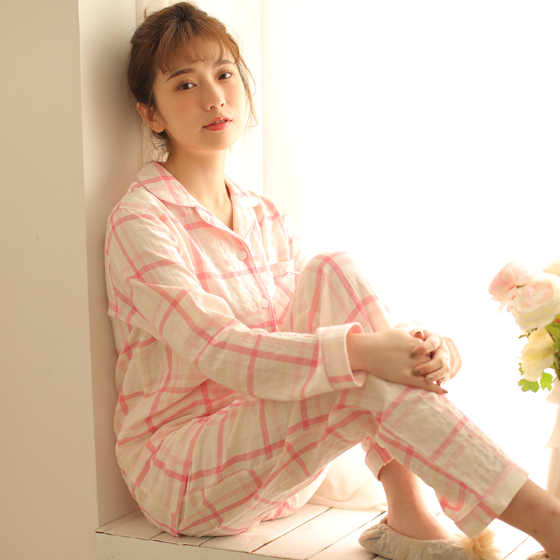 夏裝2018新款睡衣女春秋長袖日系全棉紗布格子翻領家居服純棉套裝