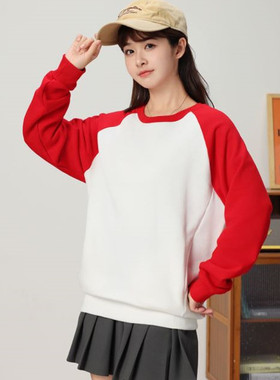 新款纯棉女卫衣圆领落肩款春秋百搭运动美式插肩袖套头打底衫