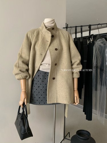 Y.JIA 伊嘉韩系中长款立领羊毛大衣女秋冬高级感双面毛呢系带外套