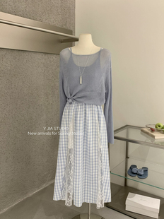 花边拼接格纹半身裙套装 吊带 伊嘉韩系温柔风镂空针织罩衫 Y.JIA