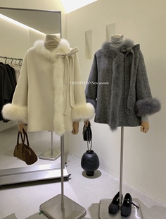 Y.JIA伊嘉落跑甜心法式 可拆卸千金感狐狸毛蝴蝶结a字羊毛大衣外套