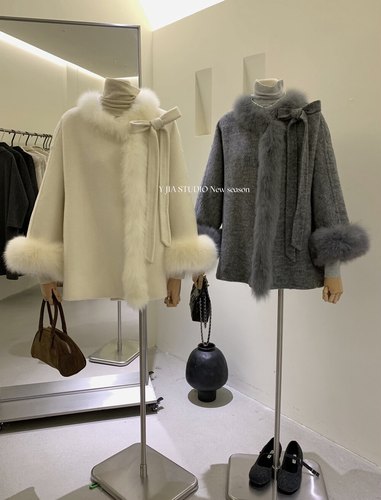Y.JIA伊嘉落跑甜心法式可拆卸千金感狐狸毛蝴蝶结a字羊毛大衣外套