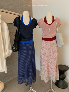 背心套装 挂脖弹力修身 女 显瘦v领T恤 Y.JIA伊嘉韩系复古慵懒风修身