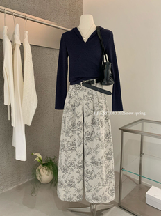 套装 Y.JIA 复古印花阔腿显瘦休闲裤 T恤 女 伊嘉韩系设计感翻领修身