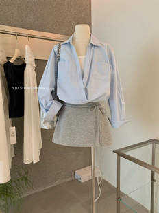 Y.JIA伊嘉挂脖背心拼接假两件花苞衬衫 女 绑带设计感显瘦短裙套装