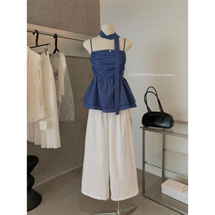 女 套装 Y.JIA伊嘉韩系甜美高级感格纹飘带吊带背心 高腰阔腿休闲裤