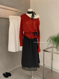 波点网纱高腰半身裙套装 Y.JIA伊嘉法式 氛围感翻领斜襟镂空针织衫