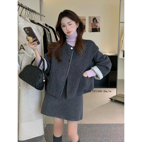 YJIA 伊嘉韩版老钱风气质百搭双面羊毛呢外套+高腰半身裙两件套装