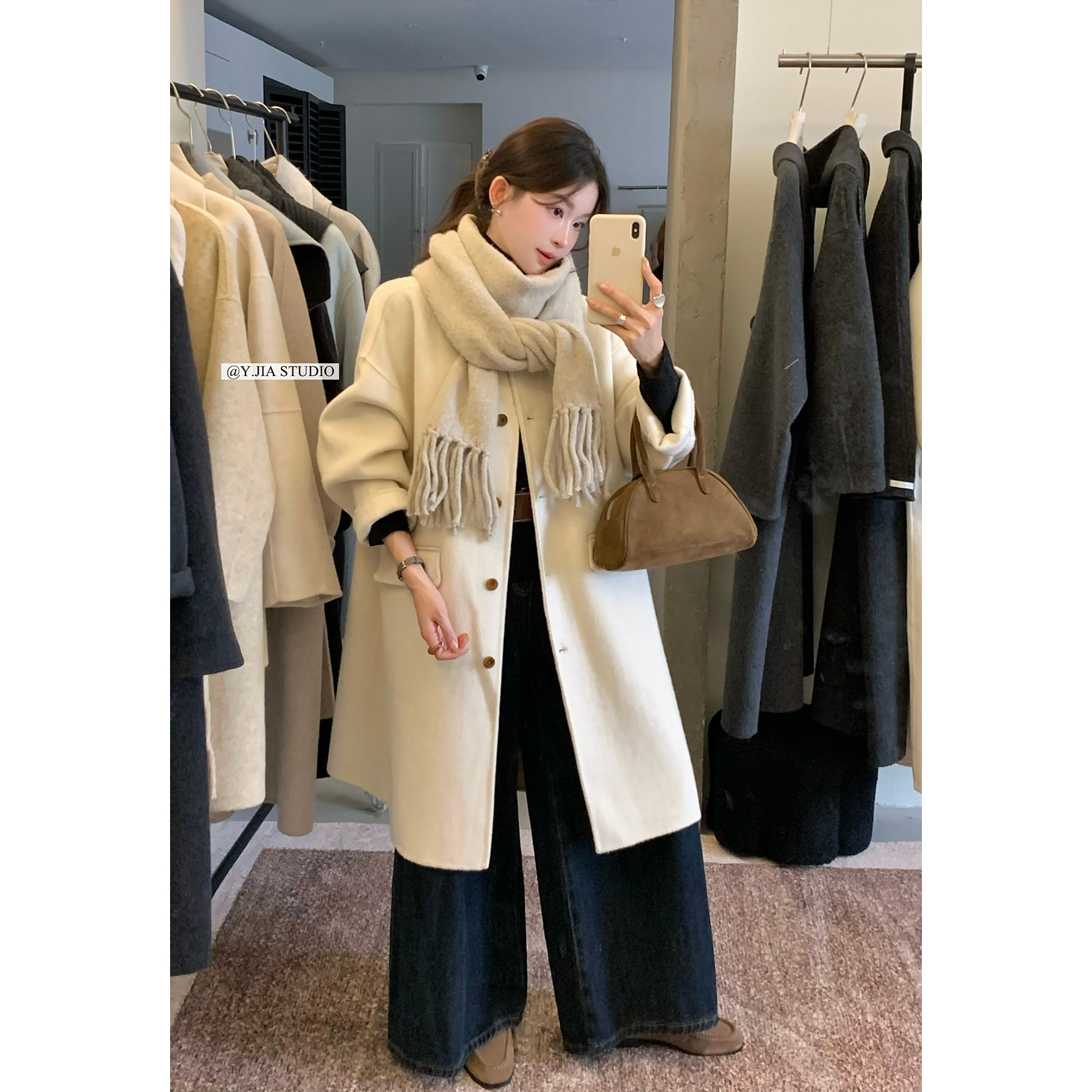 Y.JIA 伊嘉气质翻领百搭单排扣羊毛大衣女秋冬中长款双面毛呢外套