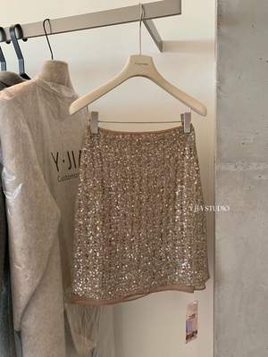 Y.JIA 伊嘉法式高级浪漫氛围感亮片重工中裙女秋冬高腰显瘦半身裙